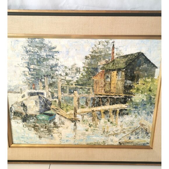 Original Oil Painting Waterfront by Peggy Hill Signed 1974 H 24.25 inch, W 30.25 - Picture 5 of 16